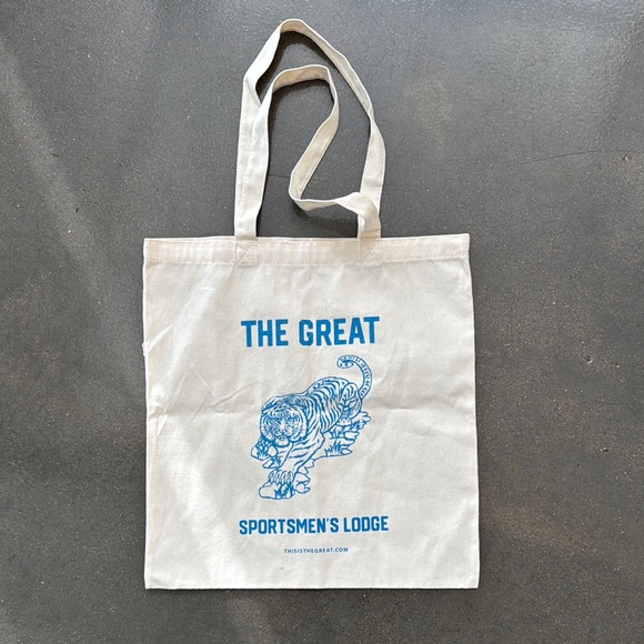 THE GREAT. Cream Tote with Blue Tiger Design - Picture 1 of 2